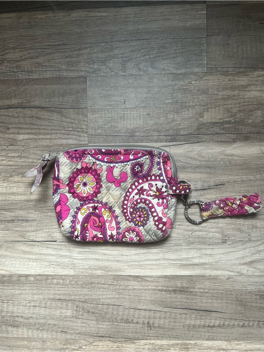 Vera Bradley Pink Paisley Quilted Wristlet with Floral Accents